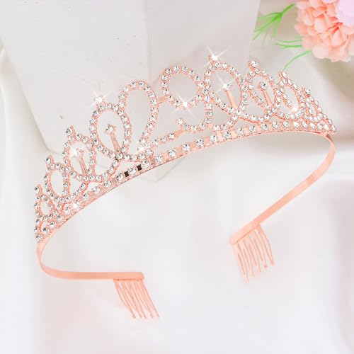 CIEHER 29th Birthday Crown, Sash and Pearl Pin Set, Rose Gold, Women Friends Birthday Gifts