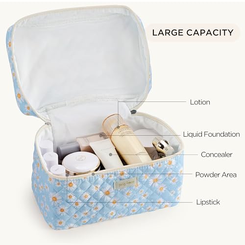 HBselect Quilted Makeup Bag, 3PCS Cotton Large Travel Makeup Bag, Cute Floral Coquette Make up Bag Cosmetic Bag Toiletry Bag for Women Girls