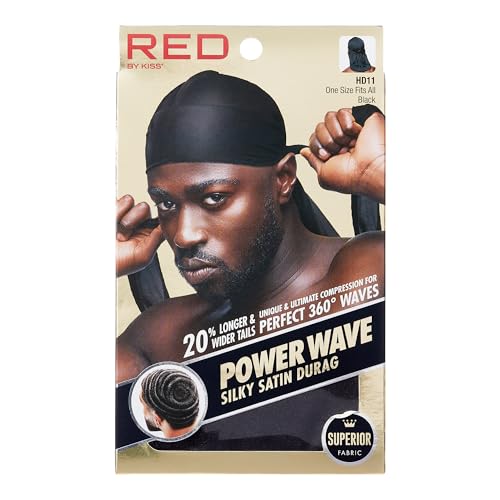 KISS Red Power Wave Silky Satin Durag Extra Long Tails (Black)