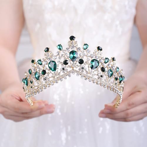 Wekicici Wedding Crown Emerald Crystal Rhinestone Tiara Green Bridal Princess Headbands Hair Accessories for Bride Party Bridesmaids Birthday Halloween Costume Cosplay Gifts, weki-1-crown-17-green