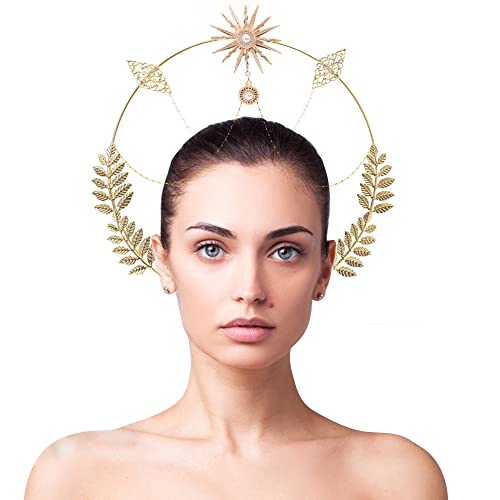 Bubbmi Women Sun Goddess Halo Crown Headband Virgin Mary Headpiece with Chain Costume Halloween Party Cosplay Photoshoot Headpiece