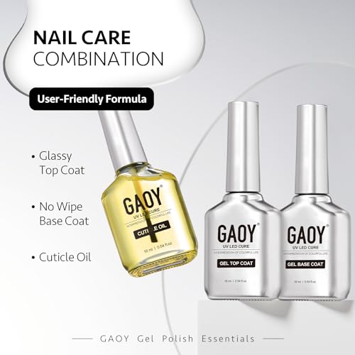 GAOY Gel Top Coat, Nail Strengthener and Base Coat Set, 3 Pcs 16ml Clear Glossy No Wipe Combination for UV Light Cure Gel Nail Polish