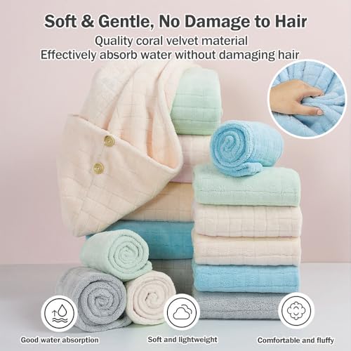 GMELOV 1 Pack Thick Microfiber Hair Towel for Wet Hair Super Absorbent Hair Towel Wrap for Women Girls to Dry Hair Quickly Hair Turban Wraps with Bottons for Bath Makeup Spa for All Hair Styles