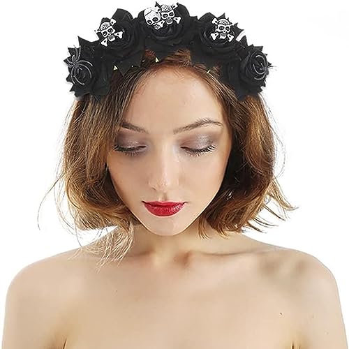 Halloween Skull Floral Crown Headband Mexican Day of the Dead Costume Gothic Rose Flower Garland Headwear Hair hoop for Women