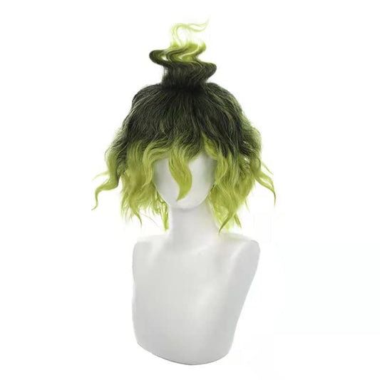 Ticomoco Gyuutarou Cosplay Wig Short Black and Green Gradient Hair Halloween Custume Curly Wig for Party