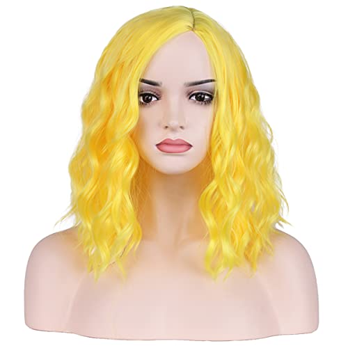 MAGQOO Yellow Wig Side Part Short Curly Wavy Bob Wig Yellow Hair Wigs Synthetic Halloween Cosplay Costume Party Wigs (Yellow, Women Girls)