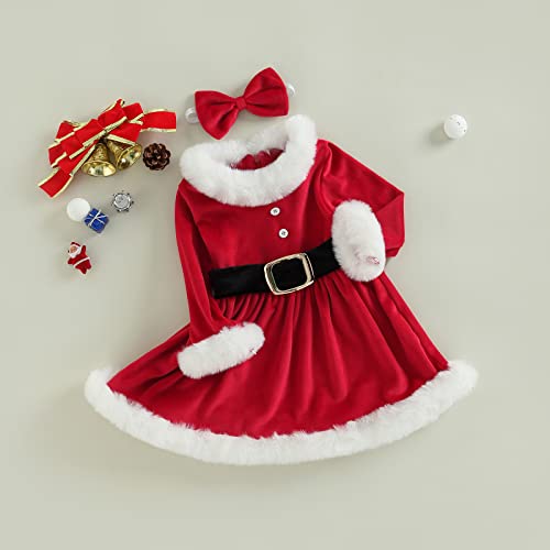 Baby Girls Christmas Dress Velvet Santa Claus Dress Long Sleeve Plush Xmas Princess Party Cosplay Costume Dress (M-Red, 3-6 Months)