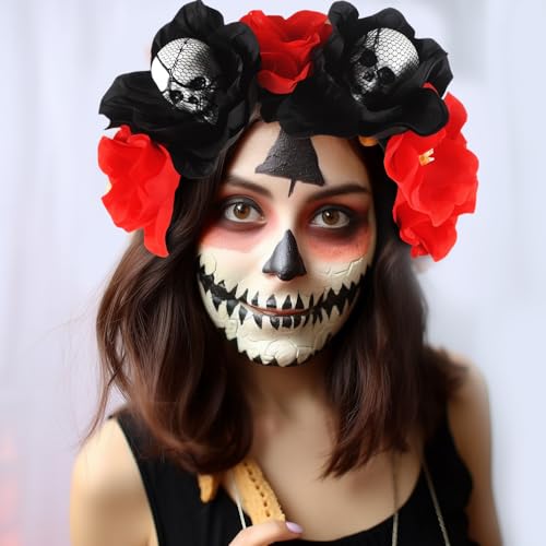 Day of The Dead Headband Halloween Adjustable Flower Garland Headband Flower Crown Hair Wreath Party Decoration Adjustable Bridal Flower Garland Headband Flower Crown Hair Wreath(red and black)