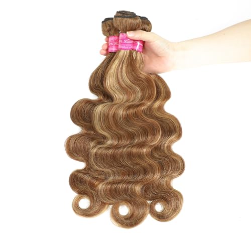 Seekomi Ombre Human Hair Bundles Highlight 4/27 Body Wave Bundles Human Hair 16 18 20 Inch 12A 100% Virgin Colored Brown and Blonde 3 Bundles Human Hair Double Weft Quick Weave for Women, 300g