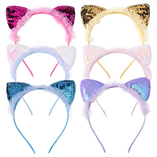 Jaqakid Cat Ears Headband 6 Pcs Cute Headband for Girls and Women Sparkly Glitter Hair Accessories Hair Hoops Daily Wearing Accessories Party Favor