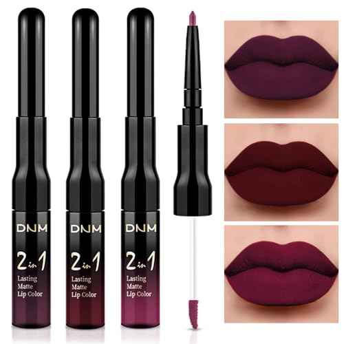 3Pcs 2 in 1 Dark Deep Red Purple Plum Black Cherry Lip Liner and Liquid Lipstick Stain Makeup Set for women, Long Lasting Smudge Proof Lip Tint Matte Finish Lip Gloss for All-Day Color Hold, Set11