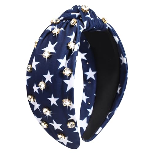 Ardorchid 4th of July Headbands for Women Girls America Independence Day Patriotic Headbands Rhinestone Knotted Wide USA Blue Star Hair Accessories