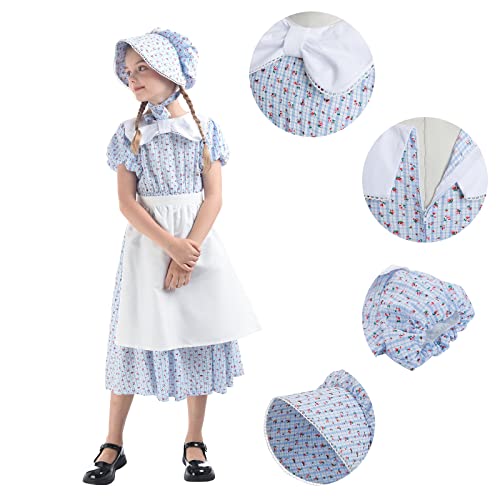 LTAKK Prairie Dresses Girls Pioneer Colonial Costume Girl Pilgrim Dress with Apron and Bonnet, Blue Plaid Floral, Small