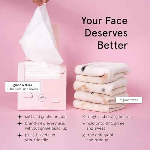 grace & stella Disposable Face Towels - Ultra-Soft & Absorbent Face Wipes - XL Facial Towels for Cleansing & Makeup Removal - Thick Towelettes - Lint-Free Facial Tissue - Vegan, Plant-Based (60 Count)