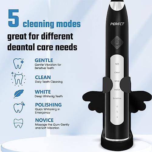 PERECT Ultrasonic Electric Toothbrushfor Adults, Rechargeable Sonic Care Electric Toothbrush, 35,000 VPM, 6 Replacement Heads & Travel Case, 5 Modes 4 Intensities IPX7 Waterproof, Smart Timer, Black