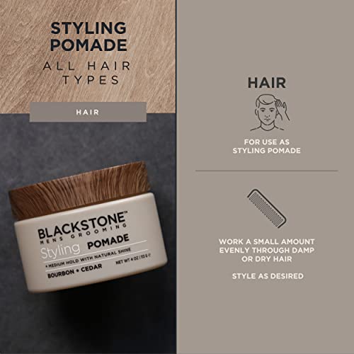 Blackstone Men's Grooming Hair Styling Pomade - Medium Hold with Natural Shine | Paraben & Cruelty | Made in USA, Bourbon + Cedar (4 oz)