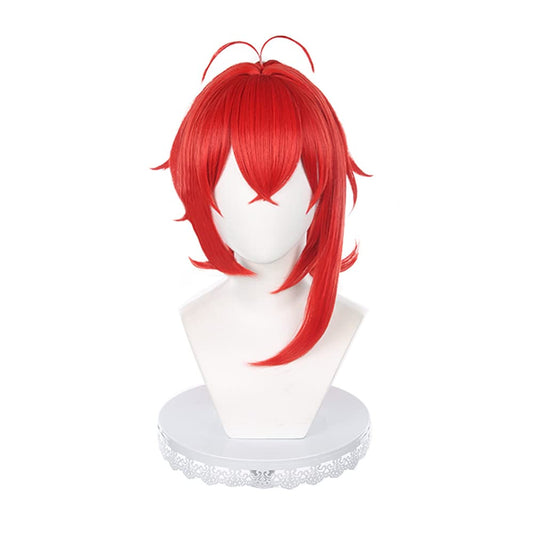 Mystylecos Genshin Impact Cosplay Wig Diluc Red Long Ponytail Reverse Curly Wig