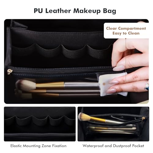 Prite Makeup Bag for Women Travel Waterproof Vegan Leather Cosmetic Bag Open Flat Toiletry Bag With Clear Divider and Handle (Plaid Pink)