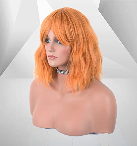 LANOVA Short Curly Wig with Bangs, Yellow Hair Wig, Synthetic Loose Wavy Wigs, Light Orange Wob Wig, 10 inch LANOVA-134-9