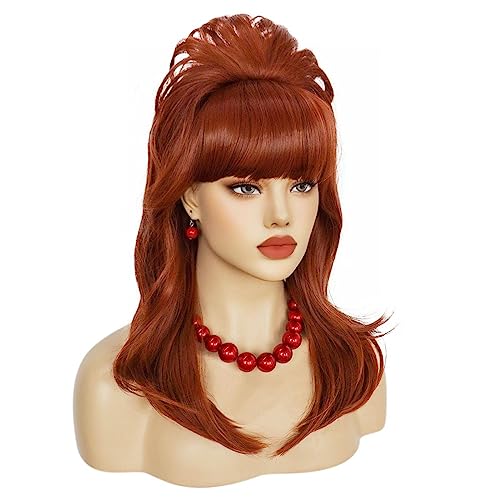 Anogol Hair Cap+5 Pcs Peggy Bundy Wig Auburn Beehive Wig with Pearl Necklace Earrings Bracelet 50s 60s 1950s 1960s Wigs for Women Red Housewife Wig Fembot Wigs for Cosplay Costume Halloween Party