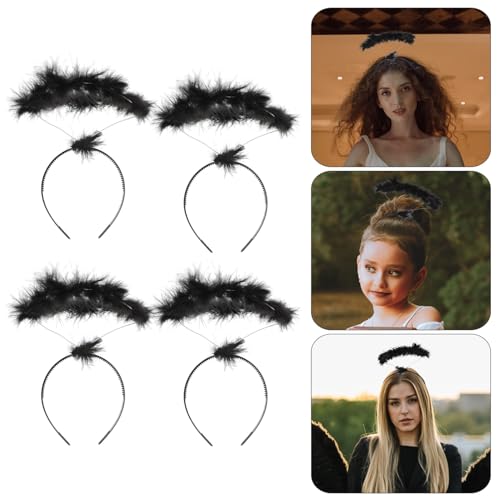 Lurrose Angel Headband Halo, Feather Hair Hoop White Feather Headband Angel Headpiece for Women Costume, 4pcs (black)