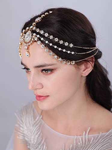 JWICOS Boho Rhinestone Head Chain Pearl Headchain Bride Headpiece Headband Wedding Hair Accessories for Women and Girls (Gold)