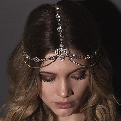 Xerling Bridal Full Crystal Headpiece Bohemian Rhinestone Head Chain Jewelry for Wedding Layered Hair Accessories for Women Halloween Costume Headband (Gold)