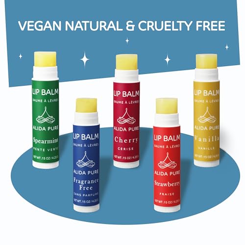 ALIDA PURE Melody Lip Balm Collection, Vegan Lip Balm Set, Beeswax Free, with Avocado Oil, Organic Jojoba Oil, and Vitamin E, Natural Moisturizer for Dry, Chapped Lips, 5 Tube Set