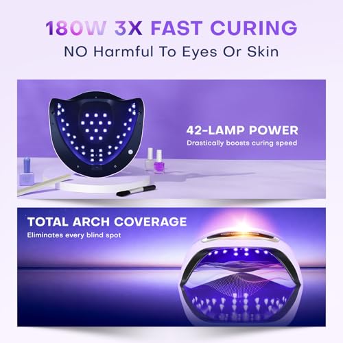 Gugusure UV LED Nail Lamp, Upgrade 180W Nail Dryer for Gel Polish with LCD Display, Auto Sensor and 4 Timer Settings, Professional Curing Lamp Light with 42 Beads for Salon and Home