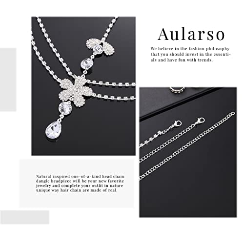 Aularso Layered Head Jewelry Forehead Wedding Hair Chain Rhinestone Headpiece Bridal Halloween Headband for Women and Girls (Silver)