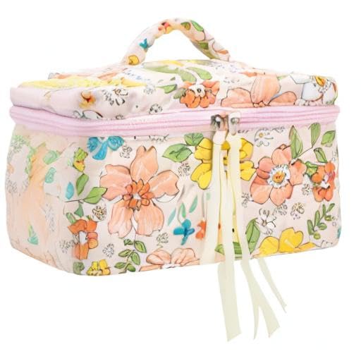 PAZIMIIK Cotton Makeup Bag for Women Large Quilted Travel Cosmetic Case Girls' Make Up Organizer,Floral Orange