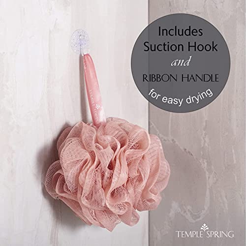 Temple Spring Shower Loofahs 3 Pack - Natural Recycled Shower Puffs for Body Set for Men and Women - Loofah Exfoliating Body Scrubber, Bath Poufs or Shower Scrunchie - Coral Pink