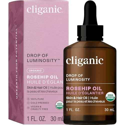 Cliganic Organic Rosehip Seed Oil for Face, 100% Pure | Natural Cold Pressed Unrefined Non-GMO | Carrier Oil for Skin, Hair & Nails