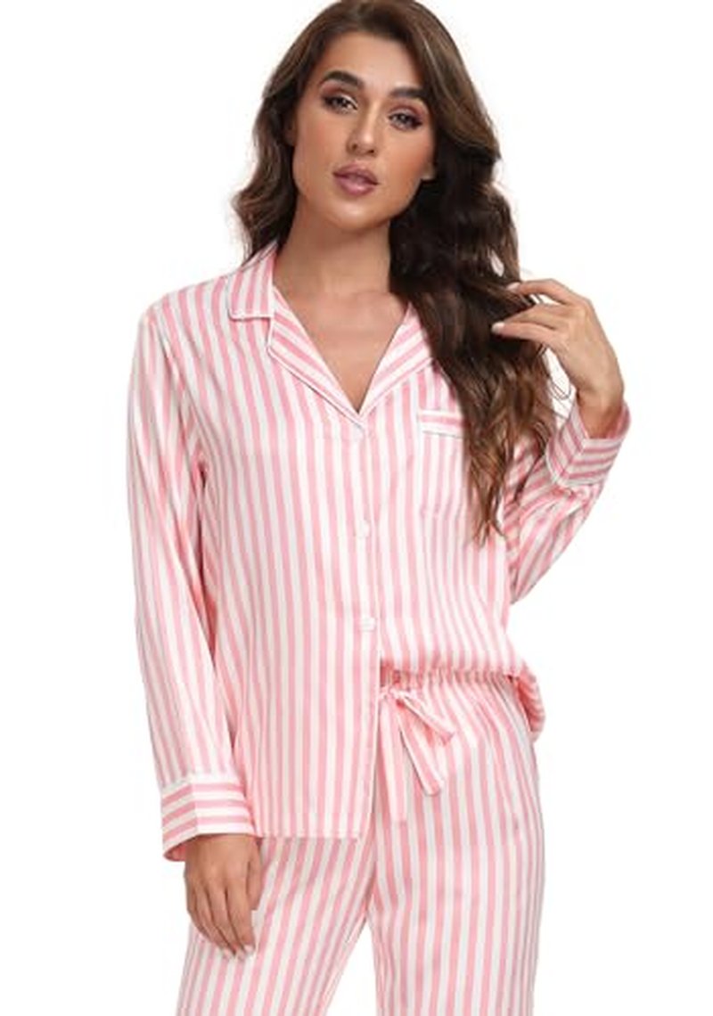 Serenedelicacy Women's Satin Pajama Set Long Sleeve Button Down Sleepwear 2-Piece Silky Pj Set (Small, Tan/Black/Ivory, Leopard)