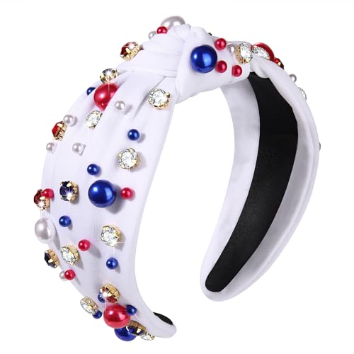 GLBCC USA 4 th of July Pearl Knotted Headband for Women Red White Blue Pearl Rhinestone Jeweled Hairband American Flag Patriotic Independence Day Wide Headband Summer Beach Hair Accessories