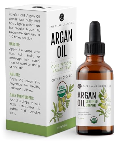 Kate Blanc Cosmetics Argan Oil for Hair, Face & Skin from Morocco. Promotes Hair Growth (2oz, USDA Certified Organic, Cold Pressed & 100% Pure, Light)