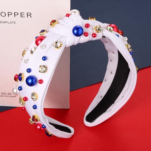 GLBCC USA 4 th of July Pearl Knotted Headband for Women Red White Blue Pearl Rhinestone Jeweled Hairband American Flag Patriotic Independence Day Wide Headband Summer Beach Hair Accessories