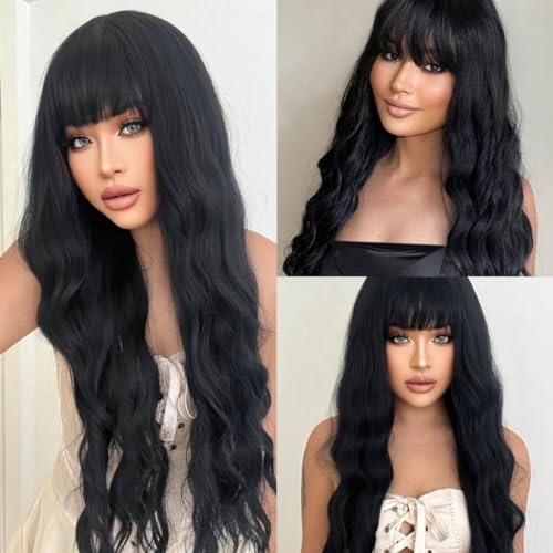 IMEYLE Wig Black Cosplay Wig Long Black Wig With Bangs for Women Wavy Wig Heat Resistant Synthetic Wig for Halloween Costume Party + Wig Cap