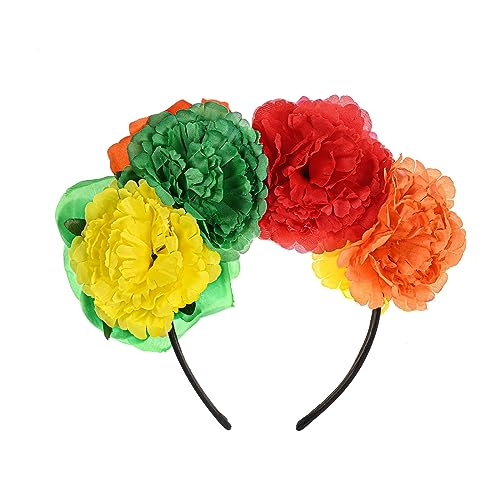 Fleursun Mexican Flower Crown Frida kahlo Headband Dia De Los Muertos Flower Crown Halloween Party Costume Headpiece (Red yellow orange blue)