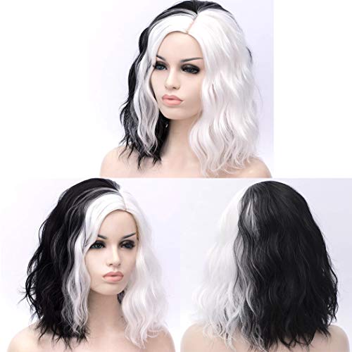 TANTAKO Women Black and White Wigs Short Wavy Half and Half Synthetic Cosplay Wig with Long Red Gloves and Costume Holder for Halloween