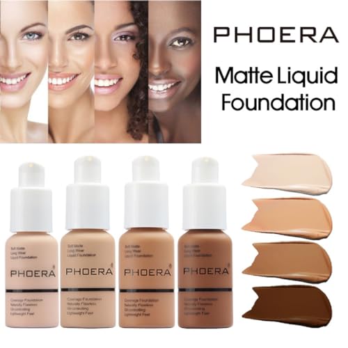 PHOERA Foundation, Flawless Soft Matte Liquid Foundation 24 HR Oil Control Concealer Foundation Makeup. (1 Pcs-105- Sand)