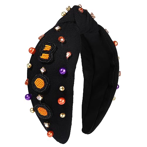 Halloween Headbands for Women Halloween Accessories Beaded Boo Trick or Treat Knotted Headband Embellished Rhinestone Pearl Top Knot Headbands Halloween Costume Party Hair Accessory Gifts (Black BOO