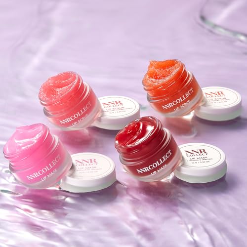 ANRCOLLECT Lip Scrub & Lip Mask - Overnight Treatment Lip Care Kits with 2 Lip Exfoliator & 2 Sleeping Lip Balm, Intense Hydration Lip Set for Dry Chapped Cracked Lips, Exfoliate & Moisturize (4 Pack)