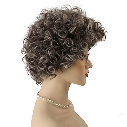 QACCF Grey Old Lady Wig Short Curly Granny Costume Grandma Glasses and Pearl Necklace Wig (Black Gray)