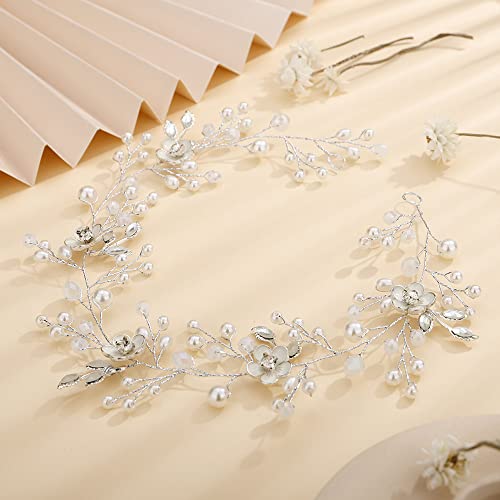 Teyglen Crystal Bride Wedding Hair Vine Handmade Silver Leaf Headband Bridal Flower Rhinestone Headpieces Wedding Hair Accessories Floral Crystal Hair Pieces for Women Girls(Silver)