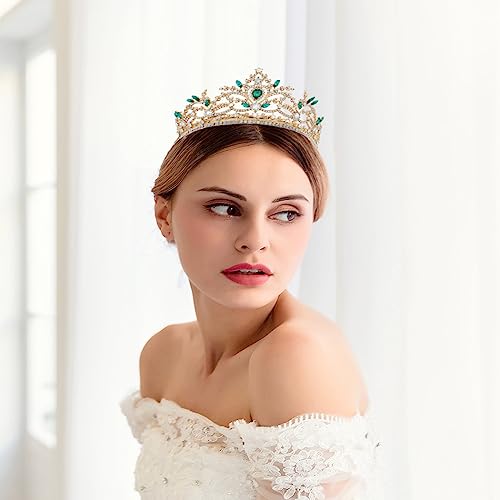 Foyte Baroque Queen Crown Wedding Rhinestone Tiara Gold Bride Crystal Hair Accessories Princess Gemstones Headband Crowns for Women (green rhinestone)