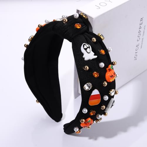 Halloween Headband Rhinestone Knotted Headband for Women Pumpkin Corn Ghost Charm Crystal Embellished Wide Top Knot Hairband Halloween Cosplay Party Hair Accessories