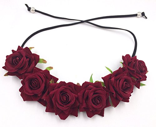 Floral Fall Rose Red Rose Flower Crown Woodland Hair Wreath Festival Headband F-67 (3-Burgundy)