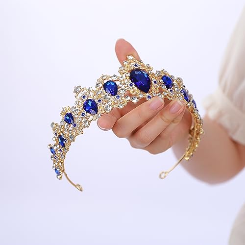 BERYUAN Bridal Baroque Blue Crystal Gold Headpiece Gold Princess Wedding Headband Royal Crystal Rhinestone Hair Costume for Women and Girls (gold)