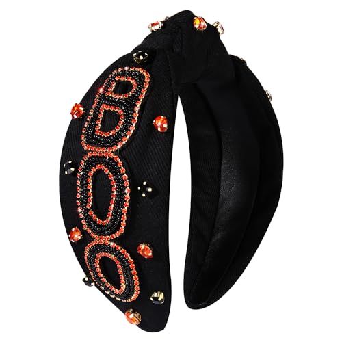 boderier Halloween Headbands for Women Beaded BOO Knotted Headband Jeweled Crystal Embellished Wide Headband Halloween Party Cosplay Hair Accessories (BOO)